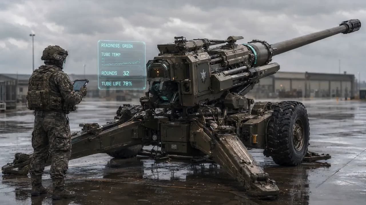Conceptual illustration of a crew checking notional readiness, tube-life, and round-count readouts beside artillery and mortar systems