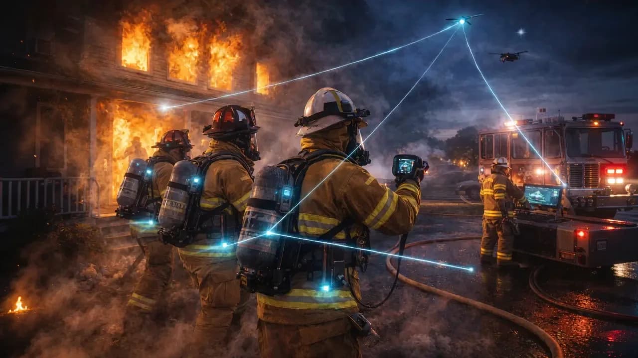 Conceptual illustration of firefighters and emergency managers linked by a resilient mesh network during a structure fire response