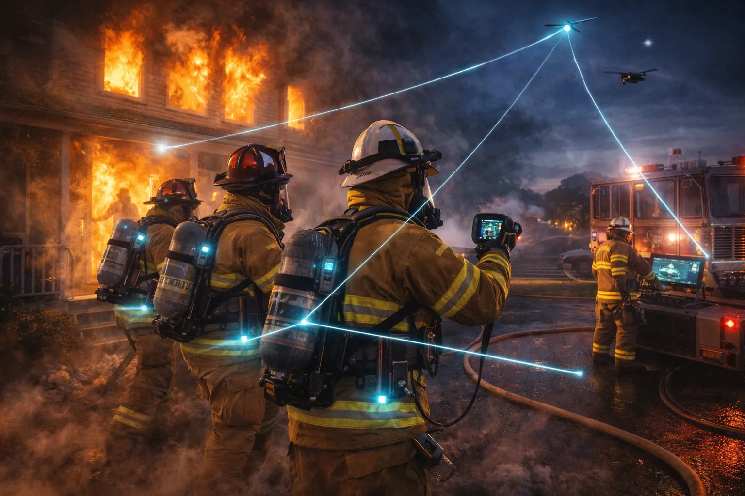Illustrative concept of a structure-fire crew with a networked team-status overlay