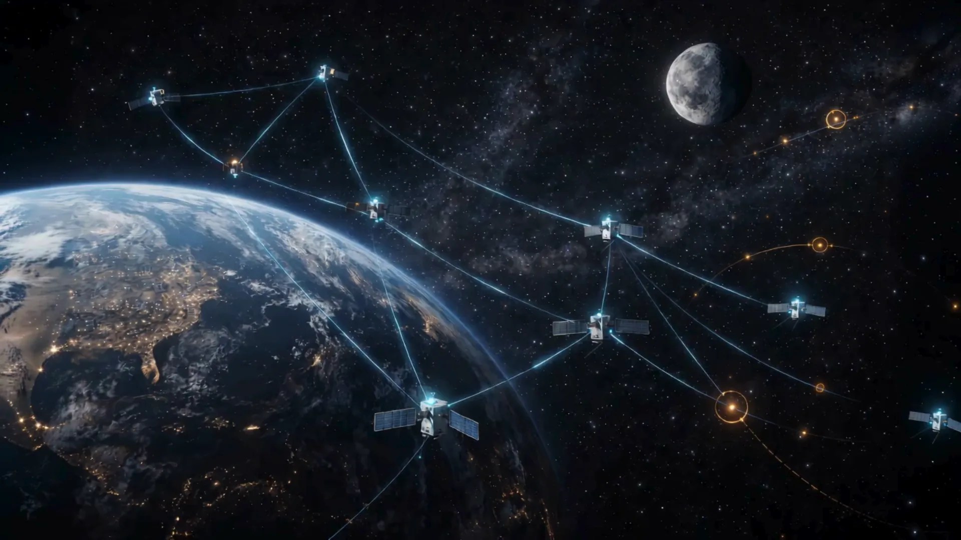 Illustrative concept of a crosslinked satellite network spanning the space between Earth and the Moon