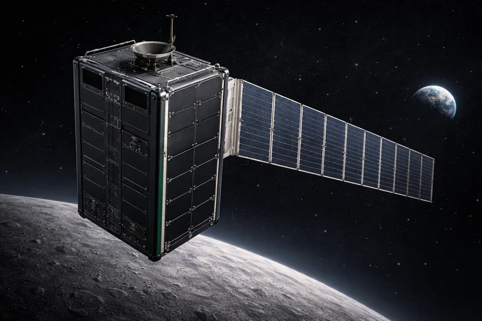 Illustrative concept of a small relay spacecraft above the lunar surface