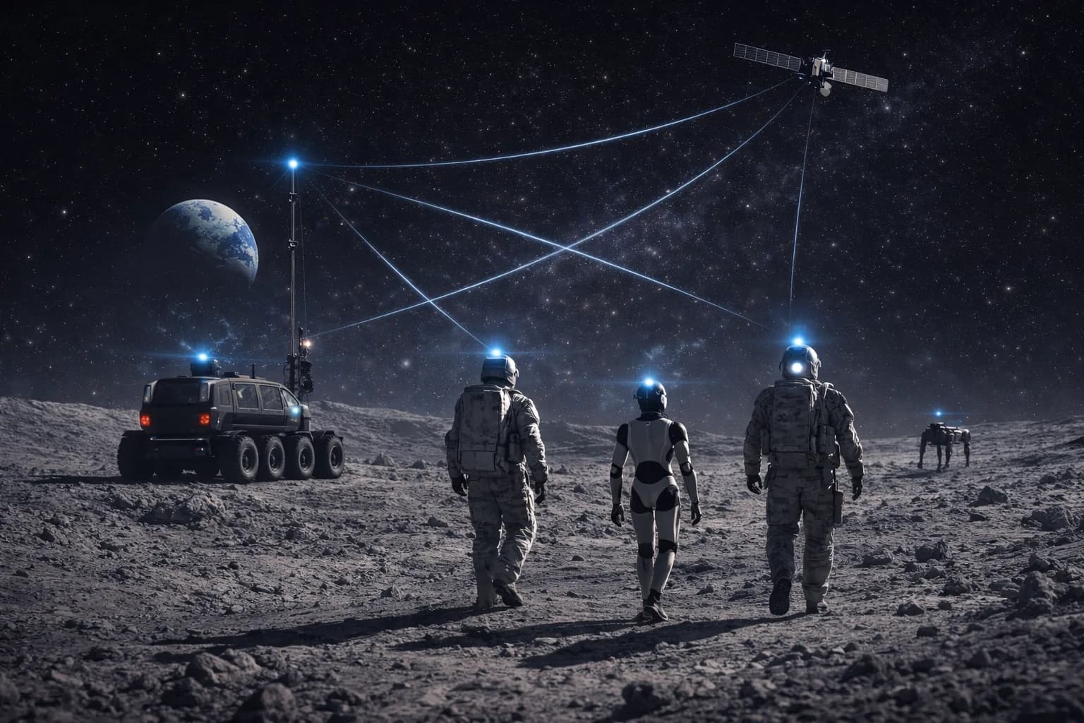 Illustrative concept of a lunar surface team connected by a relay mast and orbital links