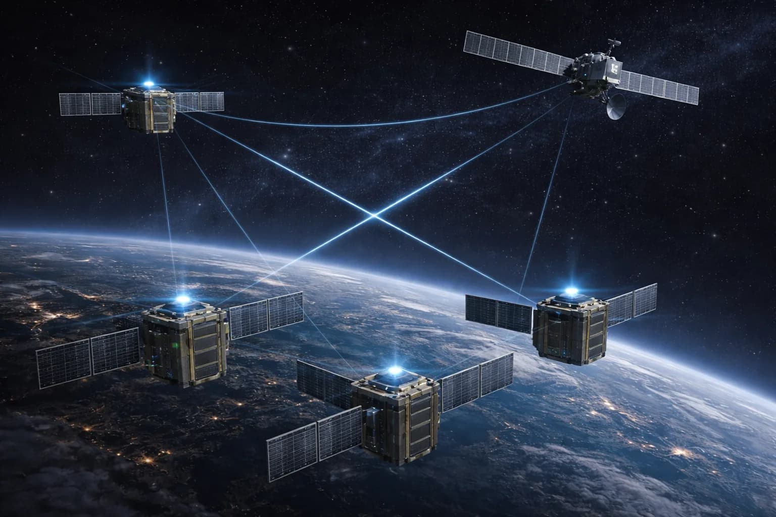 Illustrative concept of crosslinked small satellites above Earth at night
