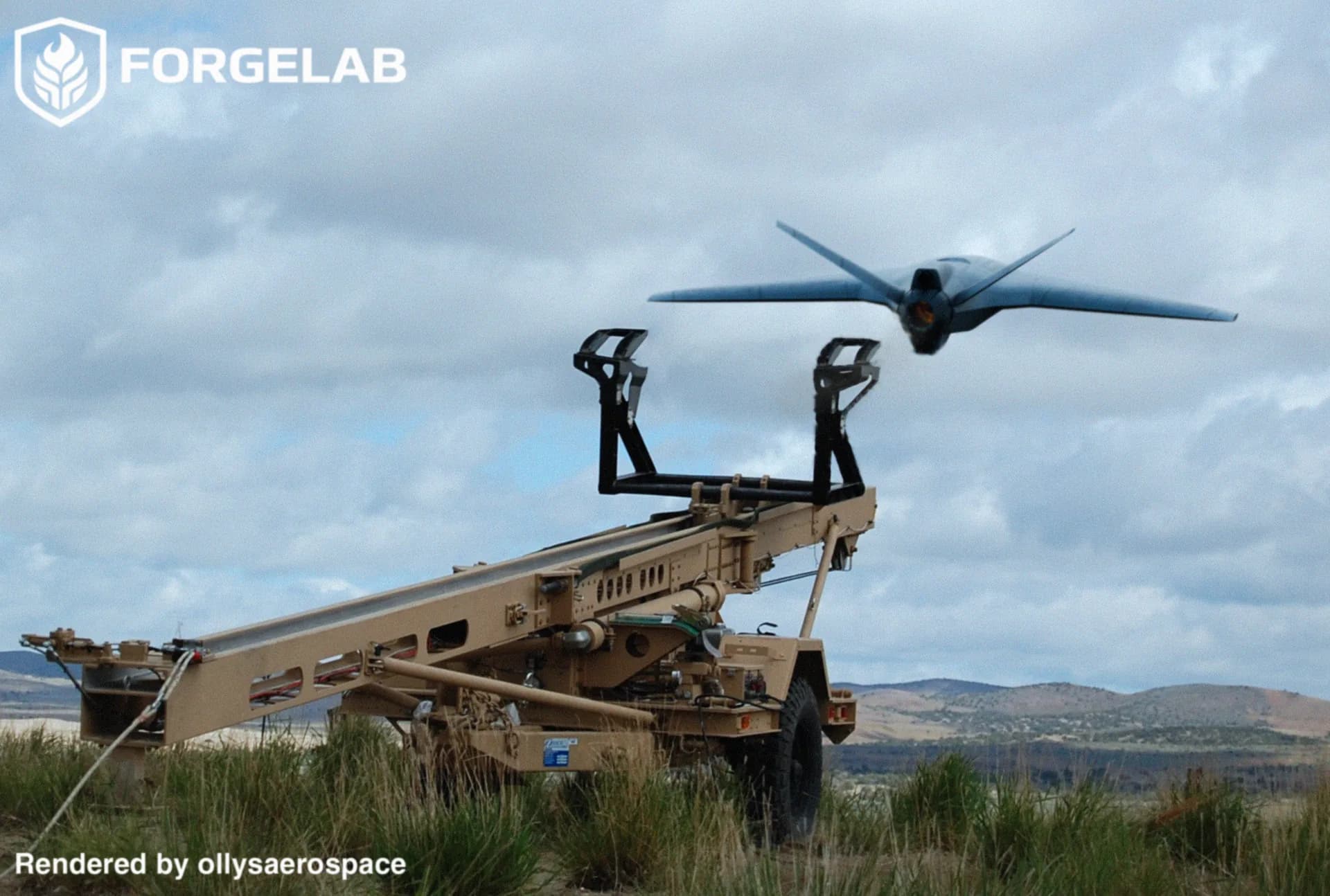 Concept render of a STRIX aircraft mounted on a containerized rail launcher in desert terrain