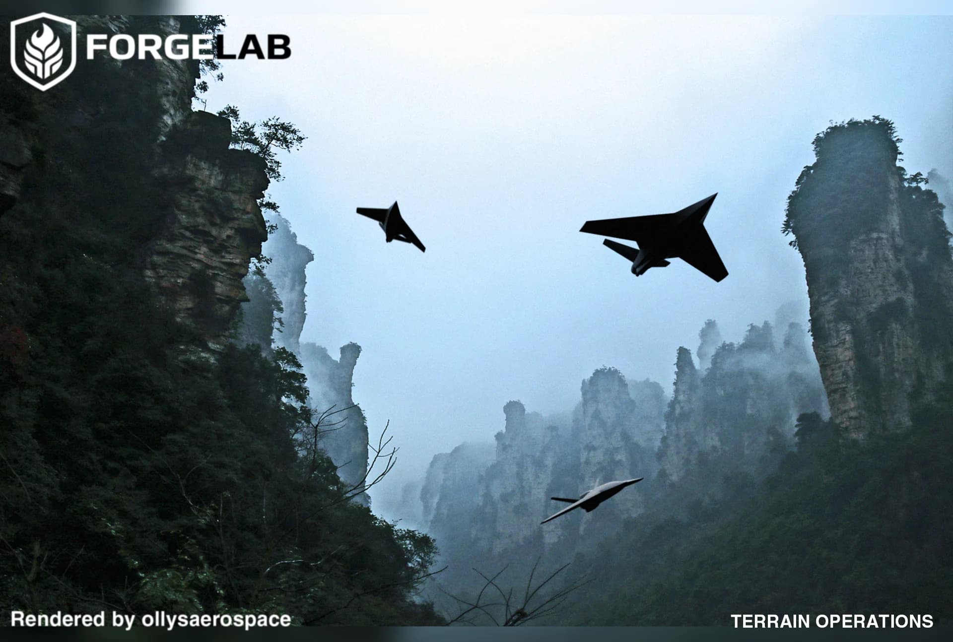Concept render of STRIX aircraft maneuvering through steep terrain in mist